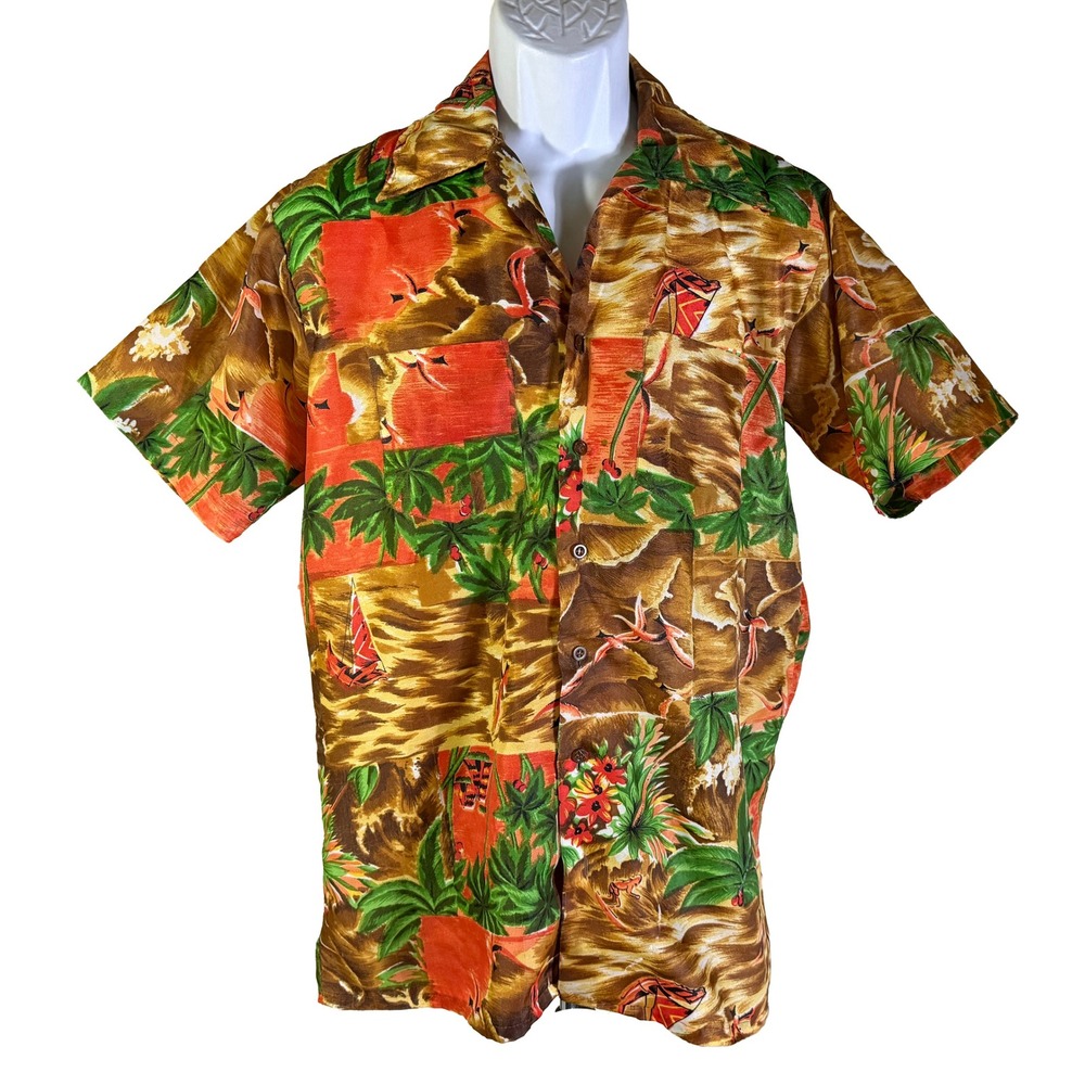 Waikiki Holiday Hawaiian‎ Shirt Mens Large Brown Orange Tropical Palm Tree Print